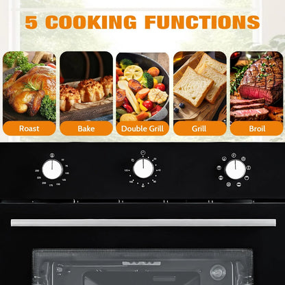RIEDHOFF 24°?Single Wall Oven, 2.5 Cu.Ft Built-in Electric Single Wall Ovens with Mechanical Knobs, Double-Layered Glass Door, 5 Cooking Functions, 3000W 240V Ideal for Kitchen Oven