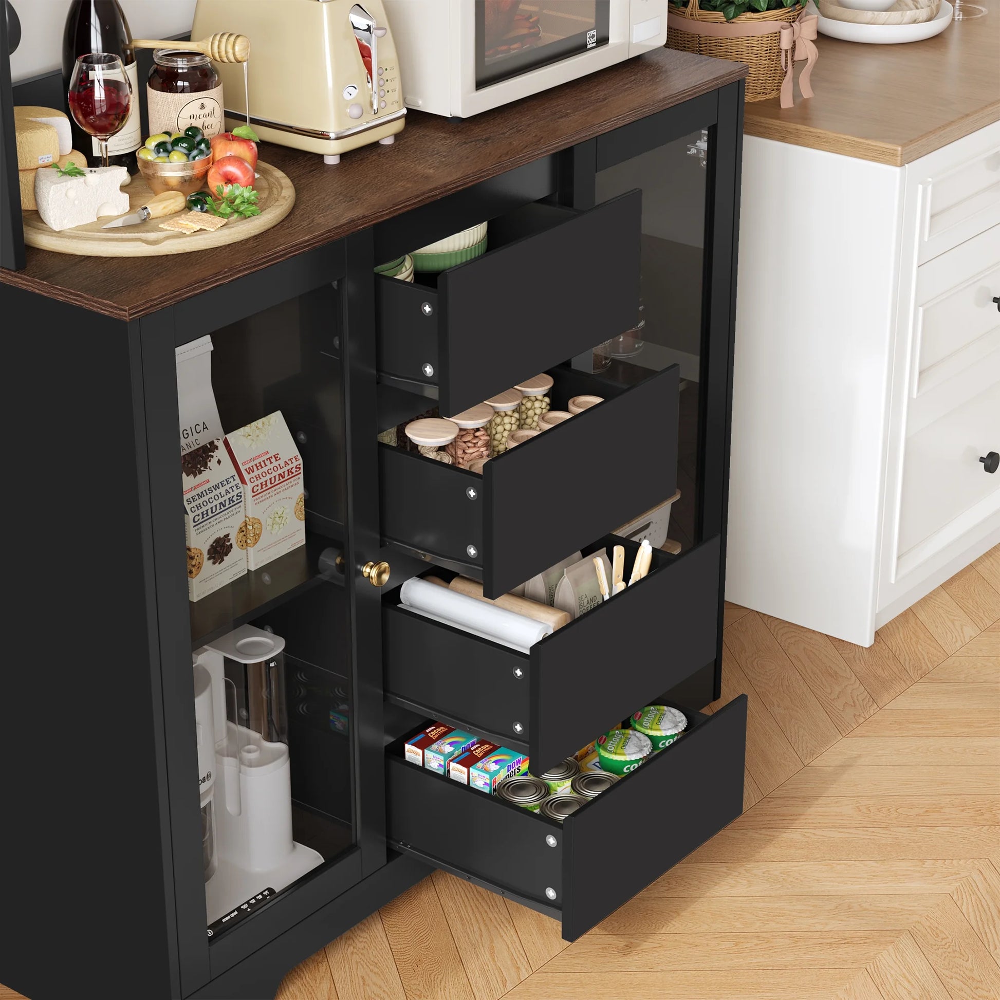 Homfa 71'' Pantry Hutch with Cabinet & Drawers for Kitchen, Glass Doors Storage Cabinet with Adjustable Shelves for Dining Room, Black