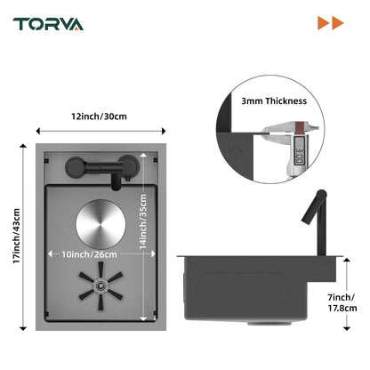 RV Sink, 12 x 17 Inch Undermount Bar Sink Premium Stainless Steel RV Kitchen Sink with Hideaway Faucet and Glass Rinser, Dark Grey