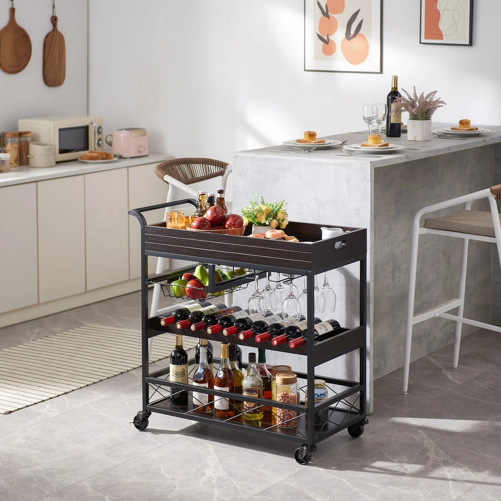 Utopia Alley KF03BZ 3 Tier Kitchen Island Cart on Lockable Wheels with Wine Rack, Glass Holder & Handle for Home