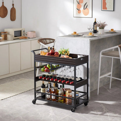 Utopia Alley KF03BZ 3 Tier Kitchen Island Cart on Lockable Wheels with Wine Rack, Glass Holder & Handle for Home
