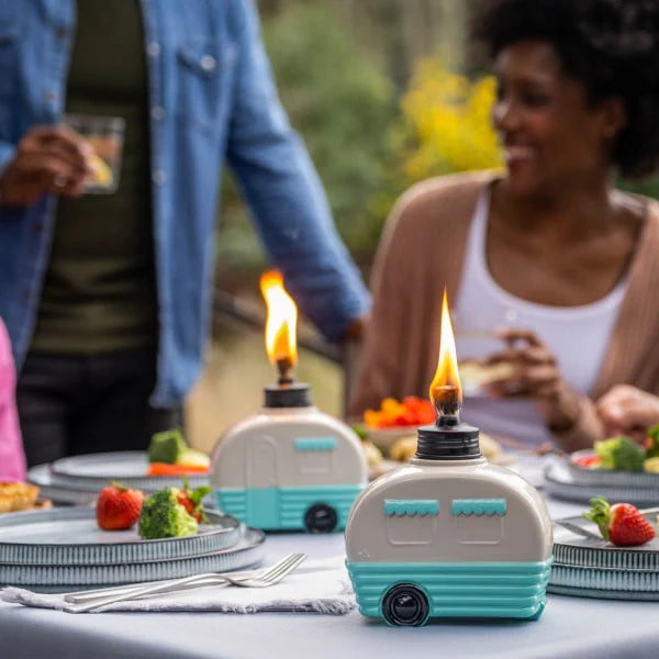 TIKI Brand Decorative Glass 5.85 inch Tall Camper Tabletop Torch White and Turquoise
