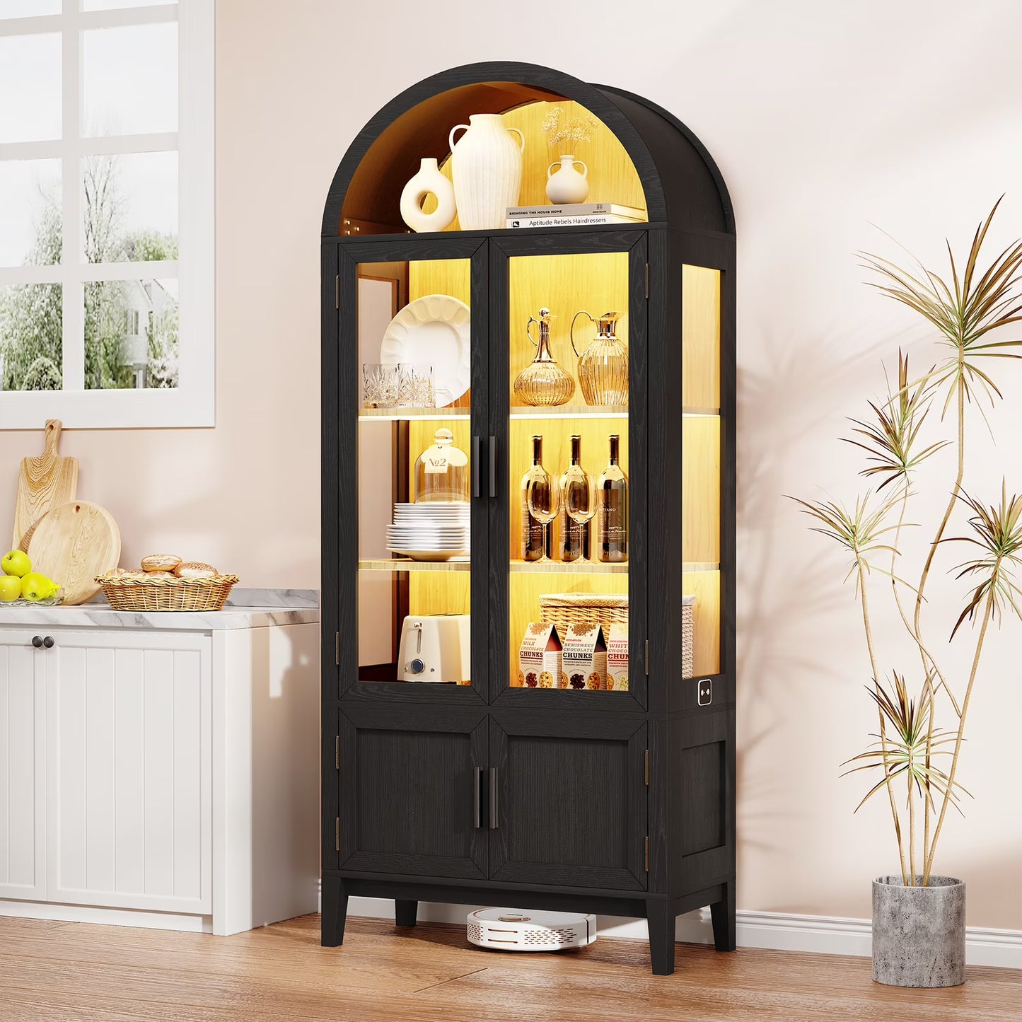 BROTTAR 71" Tall Arched Display Cabinet with Glass Doors, Kitchen Pantry with 3 Color LED Lights & Human Body Sensor, 5-Tier Bookcase for Living Room, Dining Room, Black