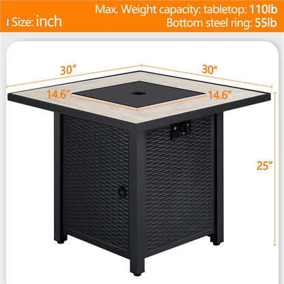 Topeakmart 30'' Outdoor Square Propane Fire Pit Table 50,000 BTU Gas w/Ceramic Rattan Pattern Steel Base Glass Black