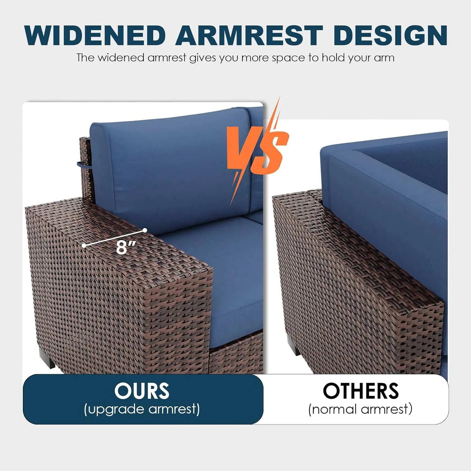 ELPOSUN Outdoor Sectional Furniture Set 6-Piece Brown Rattan Wicker Conversation Sofa Set with Glass Top Table and Waterproof Covers,Blue Cushions