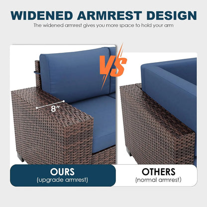 ELPOSUN Outdoor Sectional Furniture Set 6-Piece Brown Rattan Wicker Conversation Sofa Set with Glass Top Table and Waterproof Covers,Blue Cushions