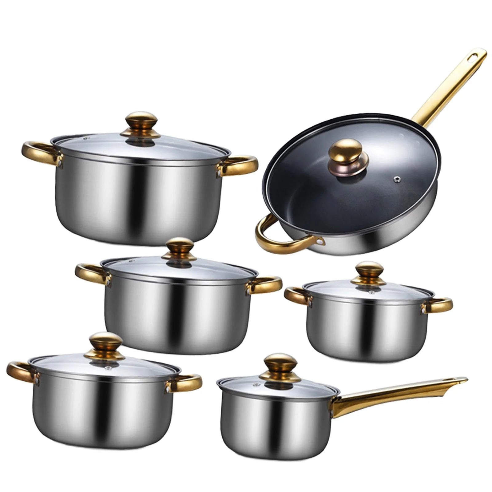kowaku 6 Pieces Cookware Set Kitchen Cooking Set with Glass Lid, Soup Pot, Frying Pan Pots and Pans Set Stainless Steel for Kitchen Pans with soup pot