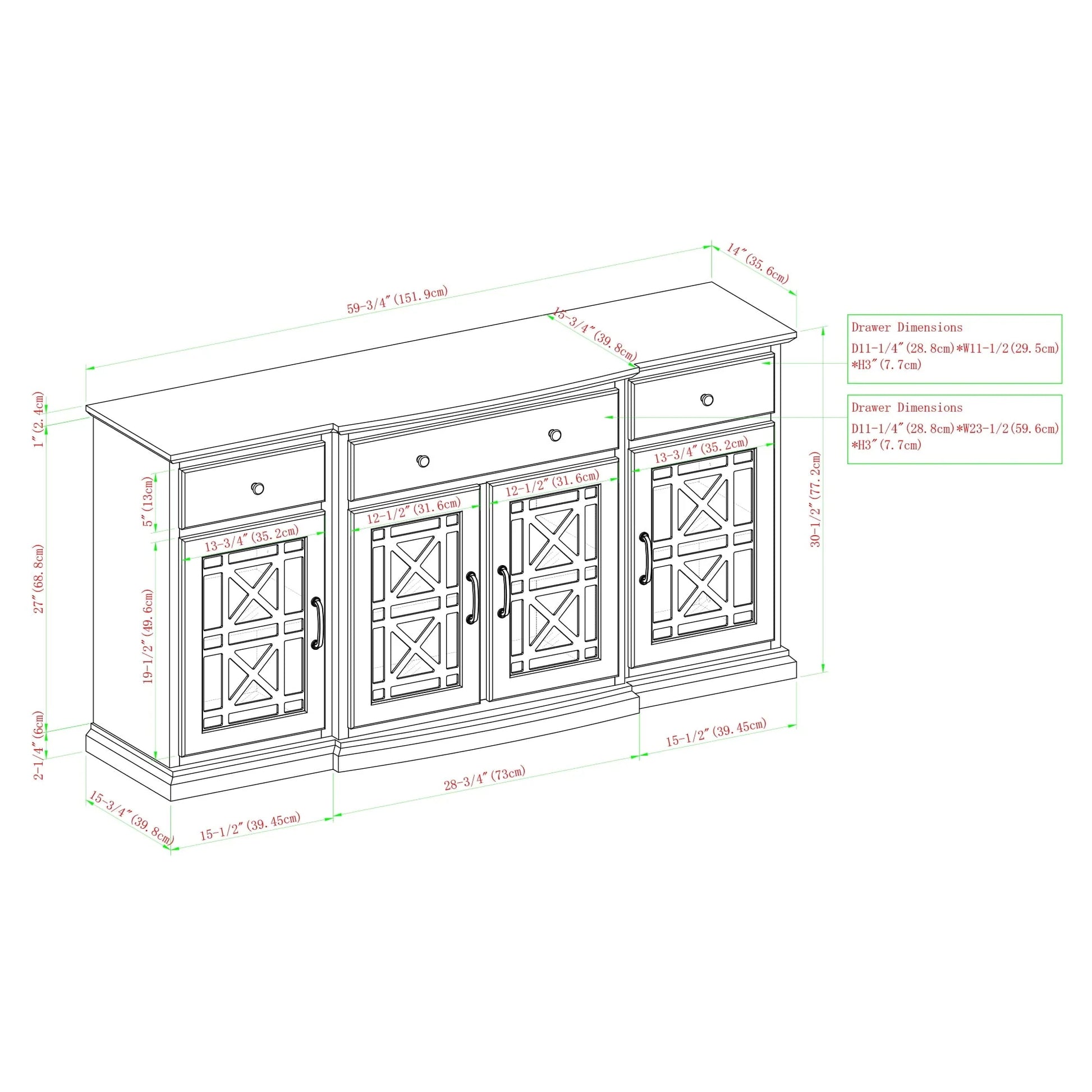 Walker Edison Classic Tiered-Front Trellis Glass Door Sideboard/TV Stand for TVs up to 65", Dark Teal