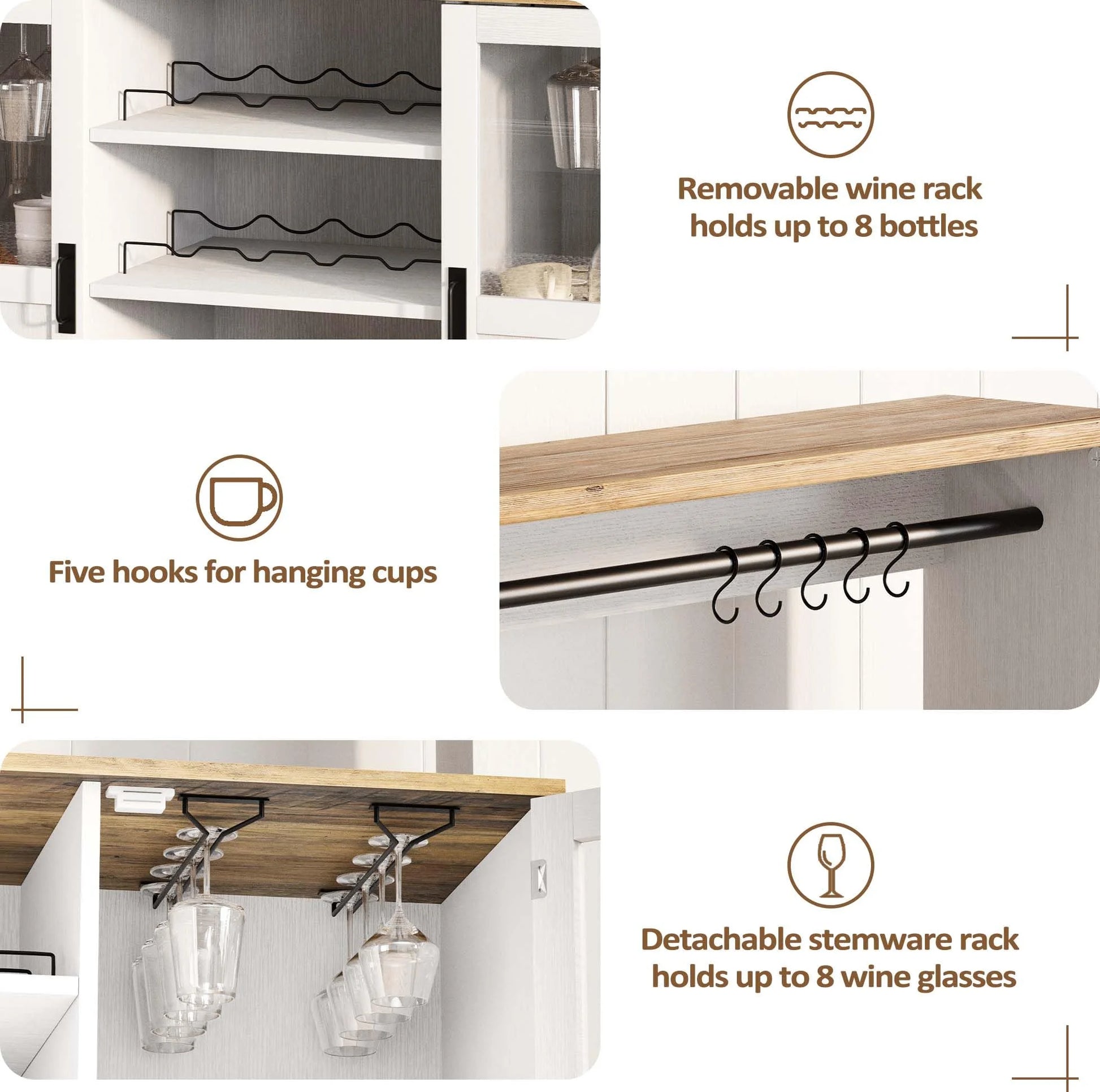 Vividwood Buffet Cabinet with Storage, 47'' Farmhouse Coffee Bar Cabinet with Wine Rack and Glass Goblet Holder, Bar Station Wood Kitchen Table for Dining Room, Living Room, White/Brown