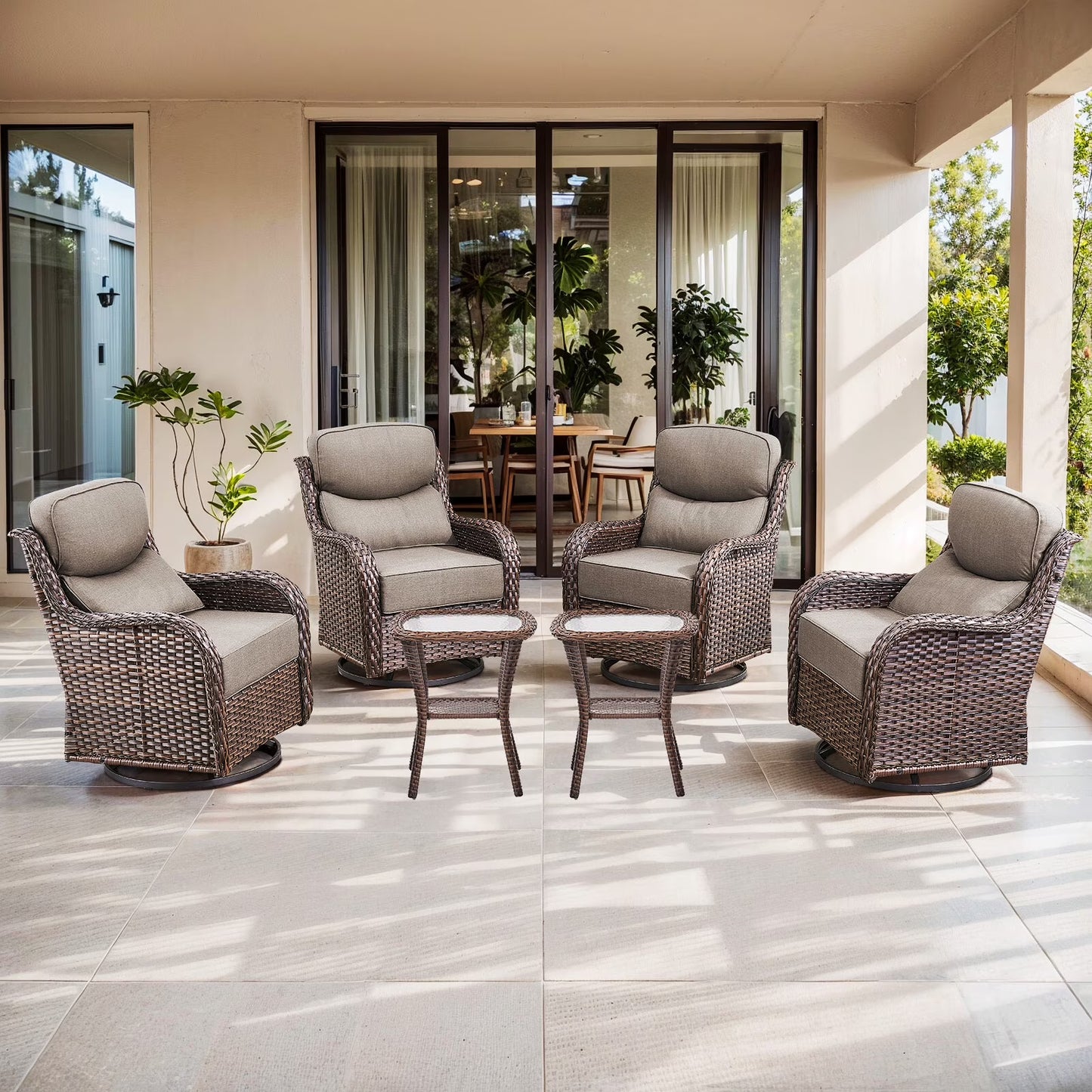 Bellefurn Luxury Outdoor Patio Furniture Set,Swivel Rocker Patio Chairs with 6-inch Thick Cushion,Patio Sofa and Glass Coffee Table,Outdoor Conversation Set for Porch, Deck, Yard