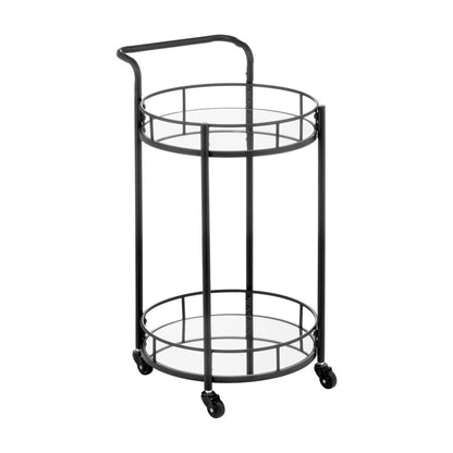 mDesign Metal Vintage Round Beverage Rolling Cart for Home - 2-Tier Serving Bar Trolley with Easy-Glide, Rotating Wheels, Built-in Handle, and Glass Shelves for Wine and Craft Beer - Black Round