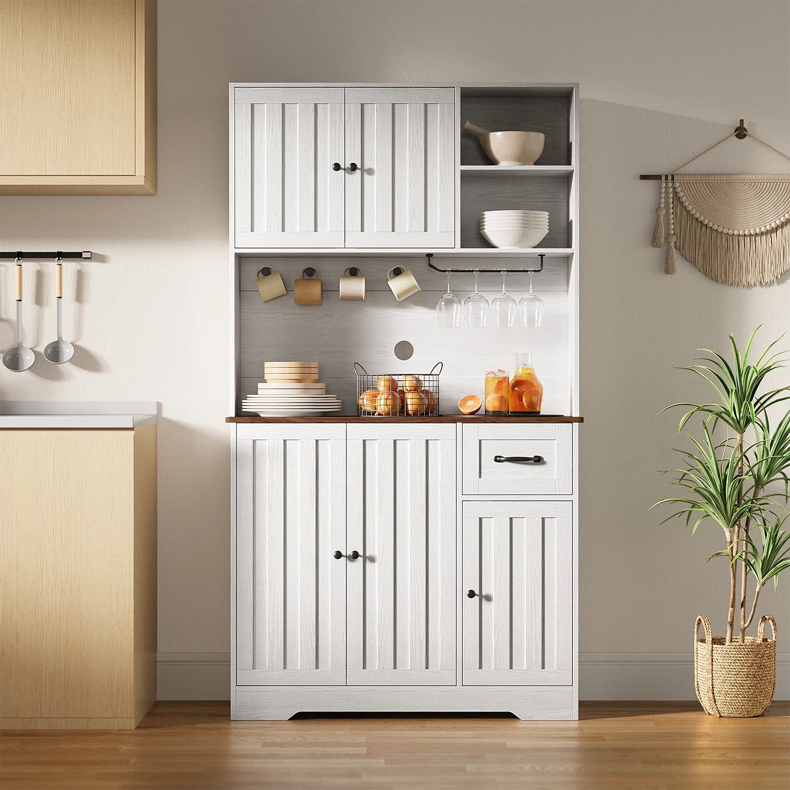 Coffee Bar, 71" Tall Kitchen Pantry Cabinet with Microwave Shelf, 5 Doors, 1 Drawers, 8 shelves, Wine glass rack, 4 Hooks, Cable Management