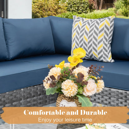 Walsunny 5 Pieces Patio Furniture Sets, Wicker Rattan Outdoor Sectional Sofa with Glass Table and Cushions Aegean Blue