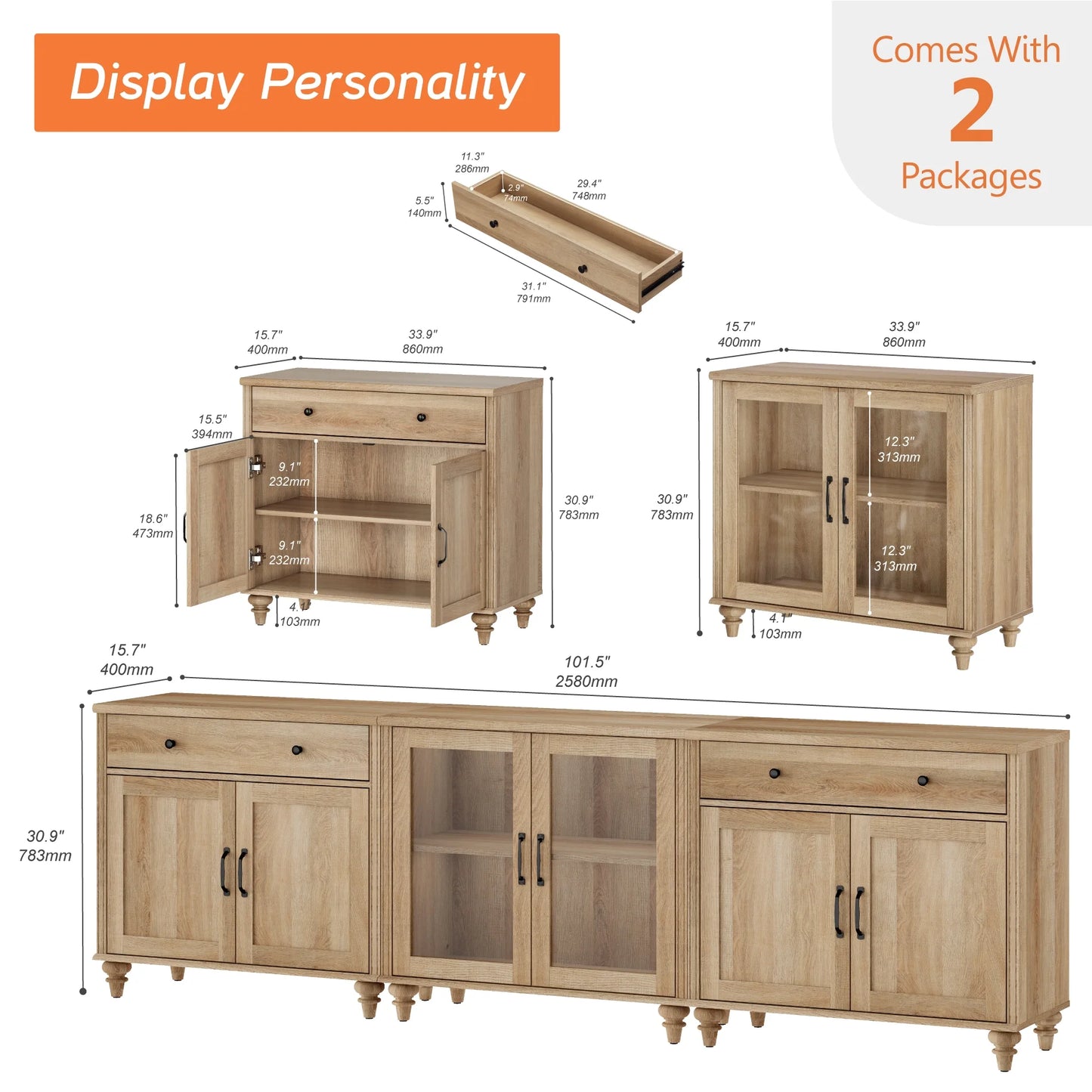 TV Stand for 100 Inch TV, 3-in-1 TV Console Table for 75/80/85/90 Inch TV, Farmhouse Entertainment Center with Glass & Wooden Door, Kitchen Sideboard Buffet Cabinet for Dining Room, Oak