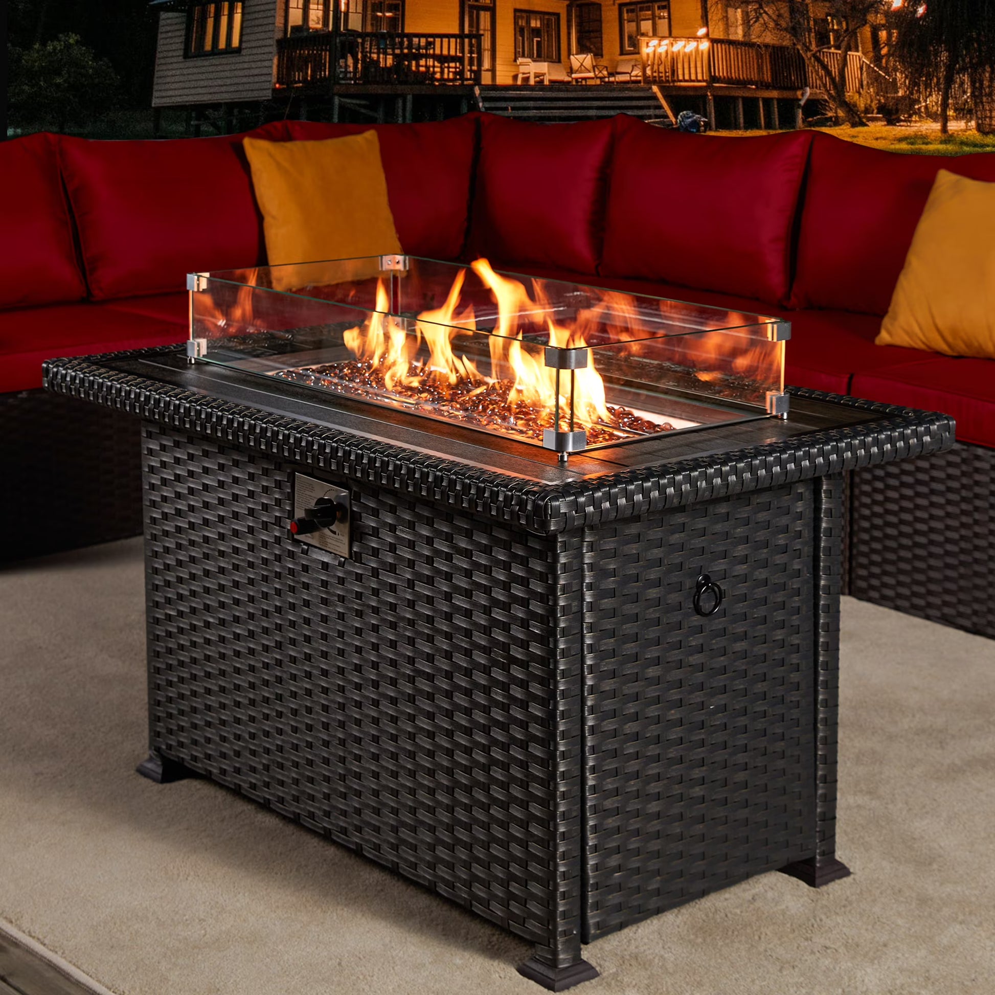 HOMREST Propane Fire Pit Table, 44 Inch 50,000 BTU Auto-Ignition Gas Fire Pit Table Rectangular/w Glass Wind Guard, Wood Plastic Composites Tabletop, CSA Certification Firepit for Outdoor Patio Lawn