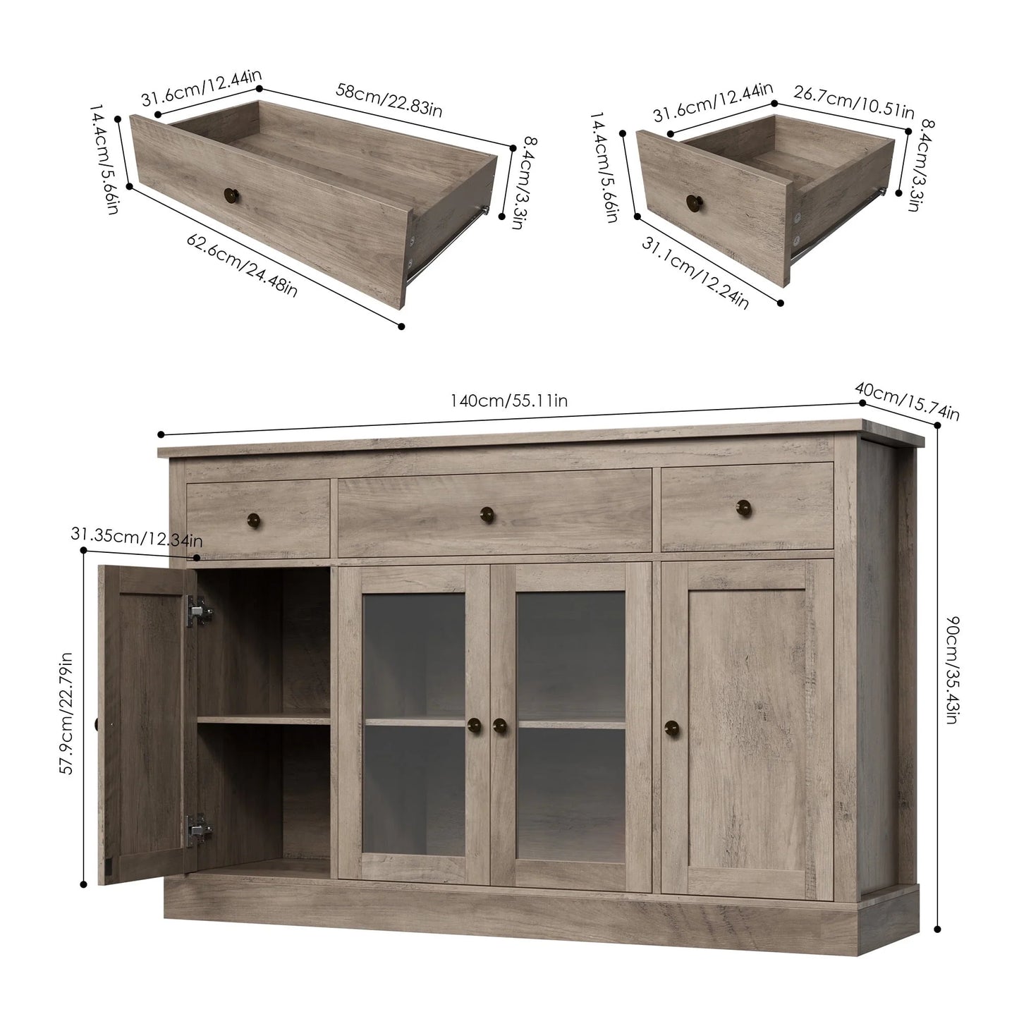 Homfa 55.1'' W Kitchen Buffet Sideboard, 3 Drawer Glass Door Accent Cabinet Coffee Bar with Adjustable Shelf for Dining Room Living Room, Gray Finish