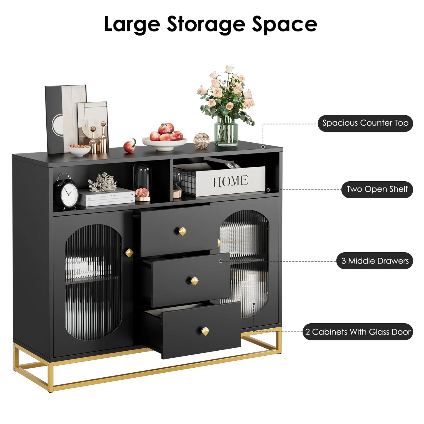 Homfa Sideboard Buffet, 3 Drawers Accent Cabinet with Open Shelf & Glass Doors, Black