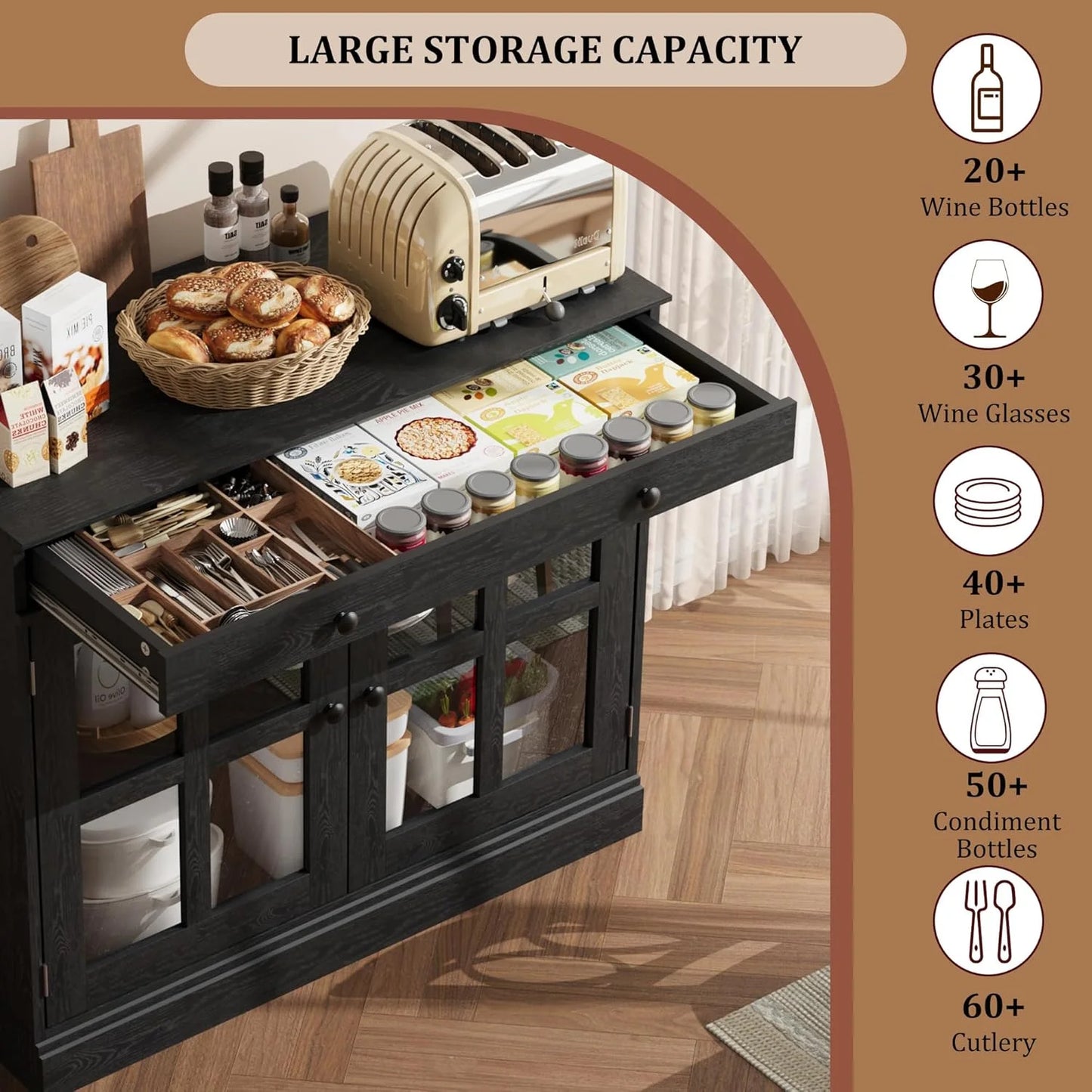 35.4" Sideboard Buffet Cabinets with Storage, Kitchen Coffee Bar Cabinet with Glass Door, Modern Sideboard Buffet with Drawer, White Sideboard Cabine for Living Room, Dining Room, Kitchen