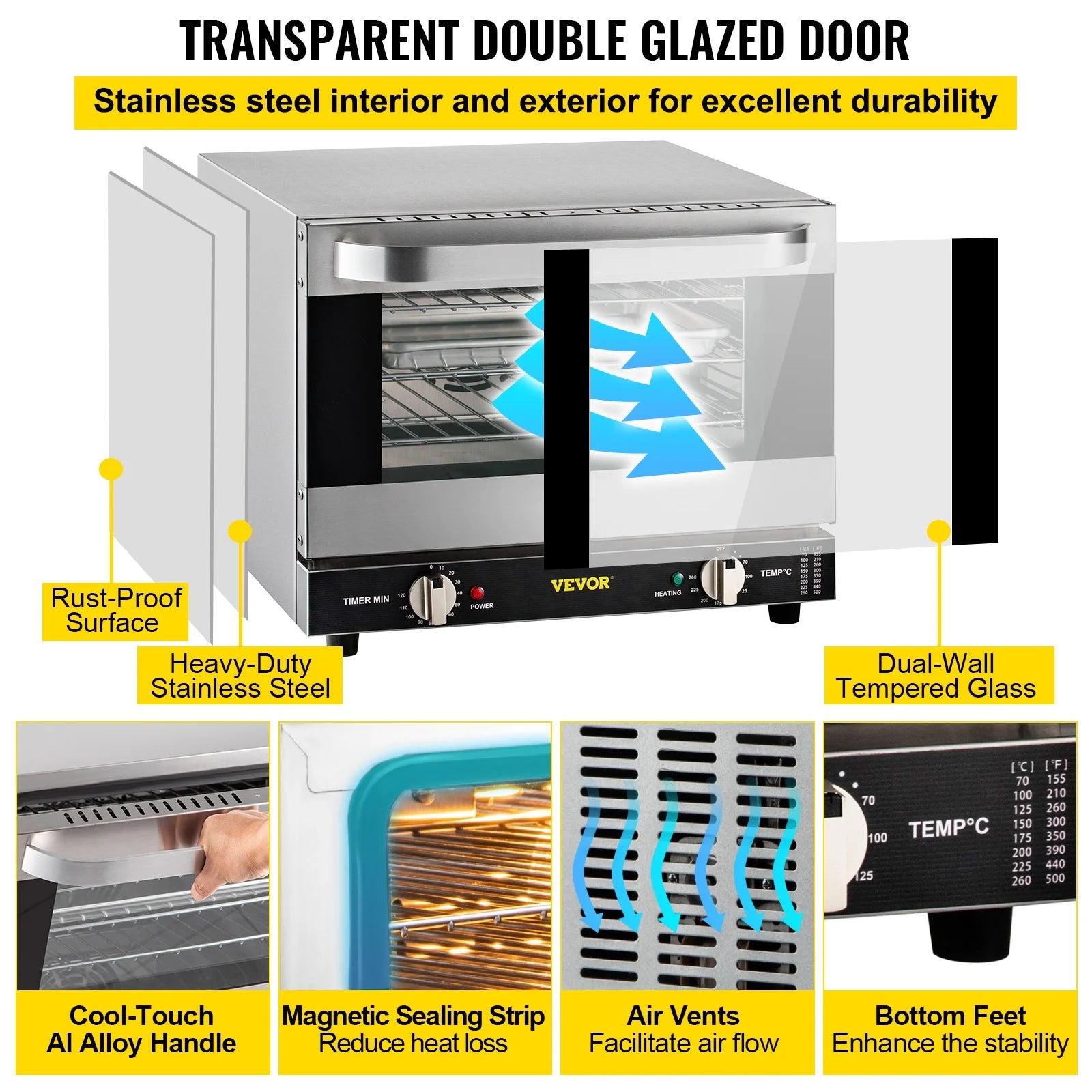 VEVOR Commercial Convection Oven,21L/19Qt,Quarter-Size Conventional Oven Countertop,1440W 3-Tier Toaster with Front Glass Door,Electric Baking Oven with Trays Wire Racks Clip Gloves