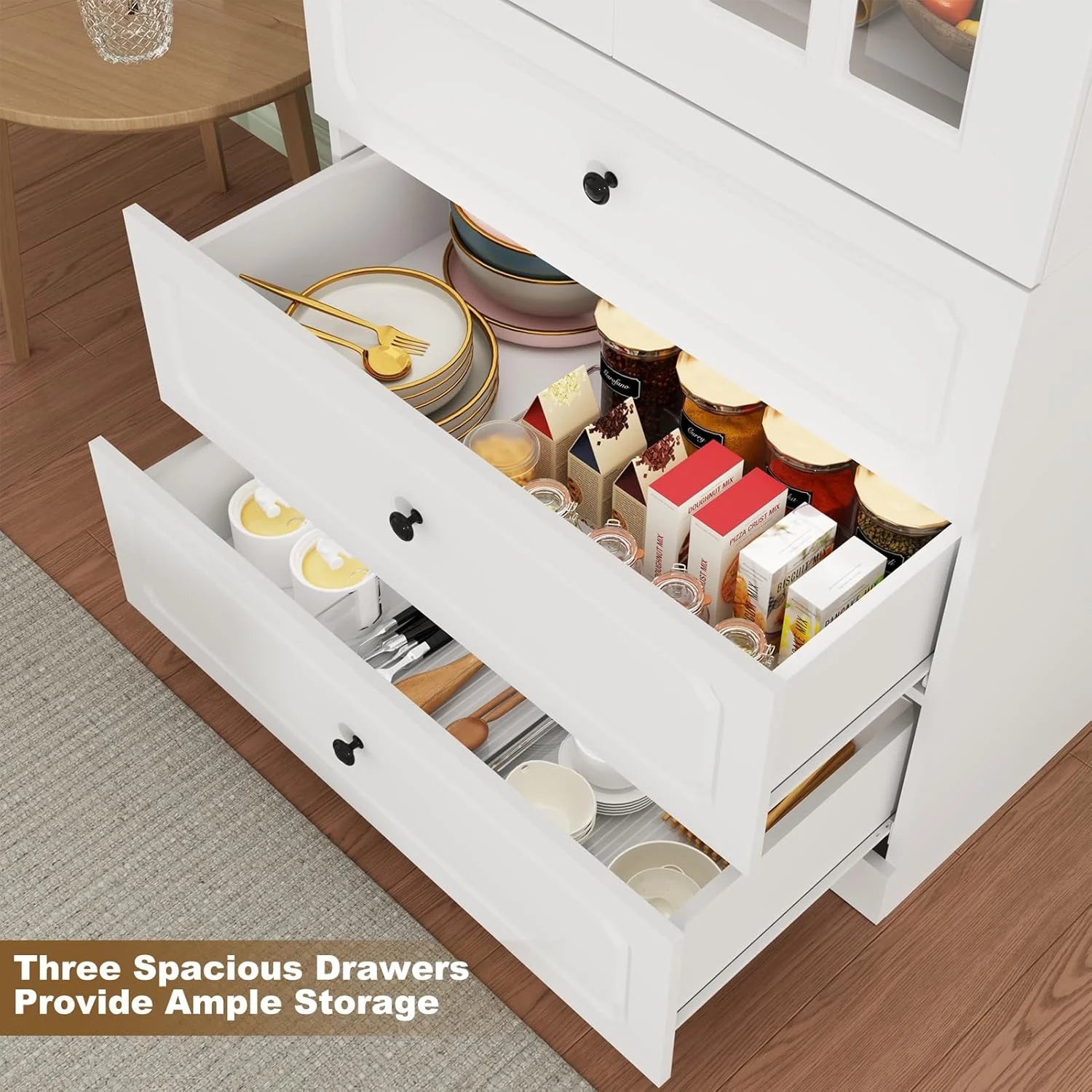 Blotout 78.7" Tall Kitchen Pantry Cabinet with 2 Glass Doors, Large Drawer Storage Cabinet with Shelves, Freestanding Storage Cabinet for Dining Room and Living Room
