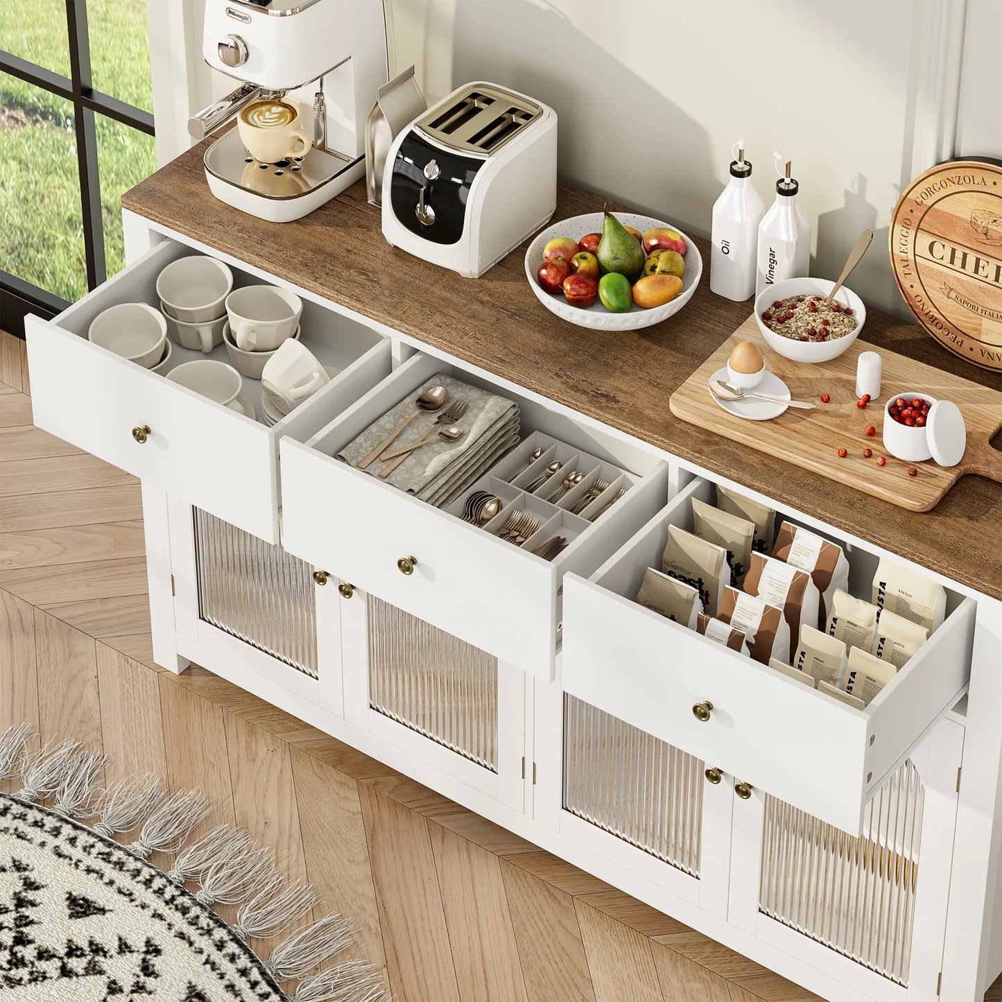 Homfa 55'' Large Sideboard Buffet Cabinet, Kitchen Storage Cabinet with 3 Drawers and 4 Glass Doors, Wood Coffee Bar Cabinet for Living Room, White