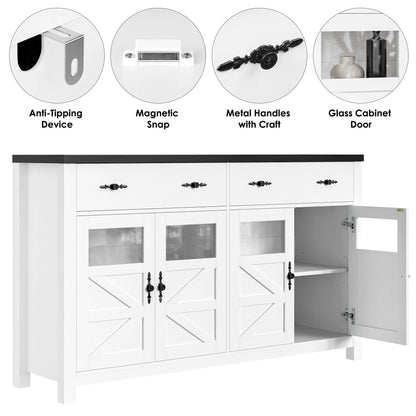 Homfa Farmhouse 55.1"WKitchen Buffet Cabinet with Storage Drawer & Adjustable Shelf, Glass Door Wood Sideboard Credenza Coffee Bar with for Dining Room Living Room, White & Black