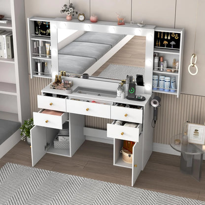 White Vanity Desk with Large Lighted Mirror & Power Outlet, Makeup Vanity Table with Glass Top & Drawers, Sliding Storage, 44.1" Large Makeup Vanity Table for Women Girls, White