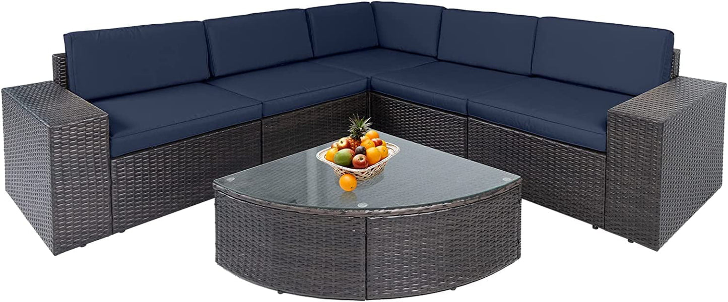 SOLAURA 6-Piece Patio Furniture Outdoor Conversation Set Patio All-Weather Wicker Sectional Sofa with Glass Coffee Table and Brown Cushions