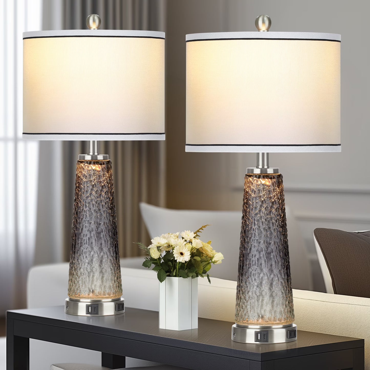Cinkeda Modern Table Lamp Set of 2 for Bedroom Living Room with USB A+C Ports AC Outlet Gradient Grey Glass Nightlight Nightstand Bedside Lamps