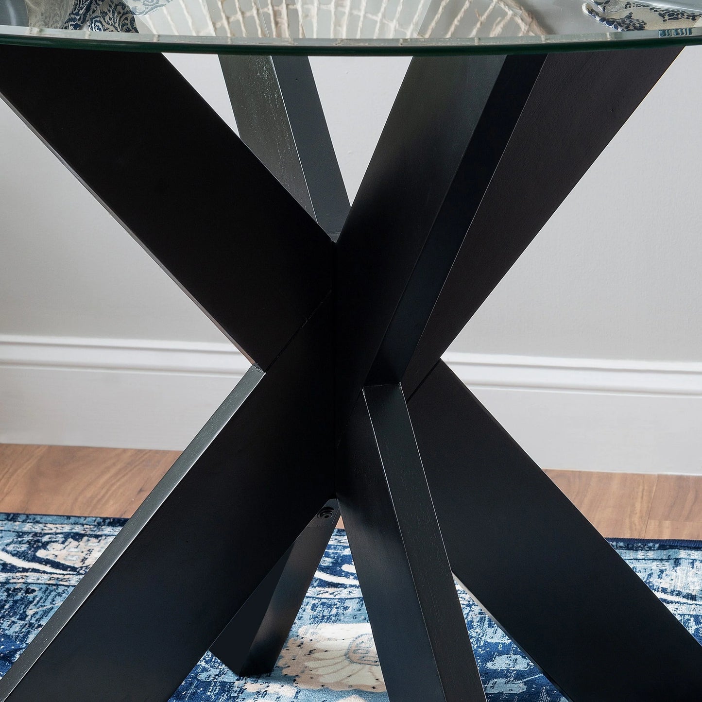 Powell Augusta Wood X-Base Dining Table with Glass Top, Black