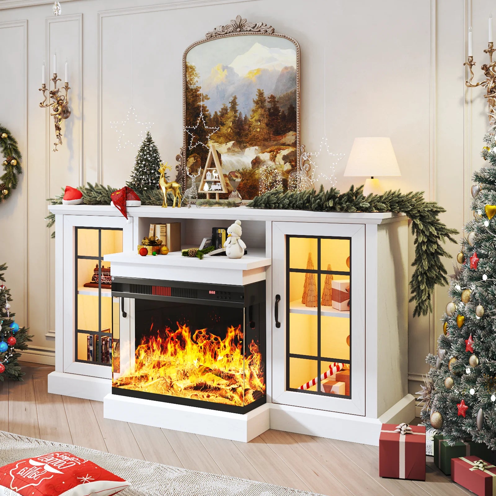 Easoger 59'' Fireplace TV Stand for TVs up to 65", 12 Flame Colors&12 LED Light Colors, TV Console with 3-Sided Glass Fireplace, for Living Room, White