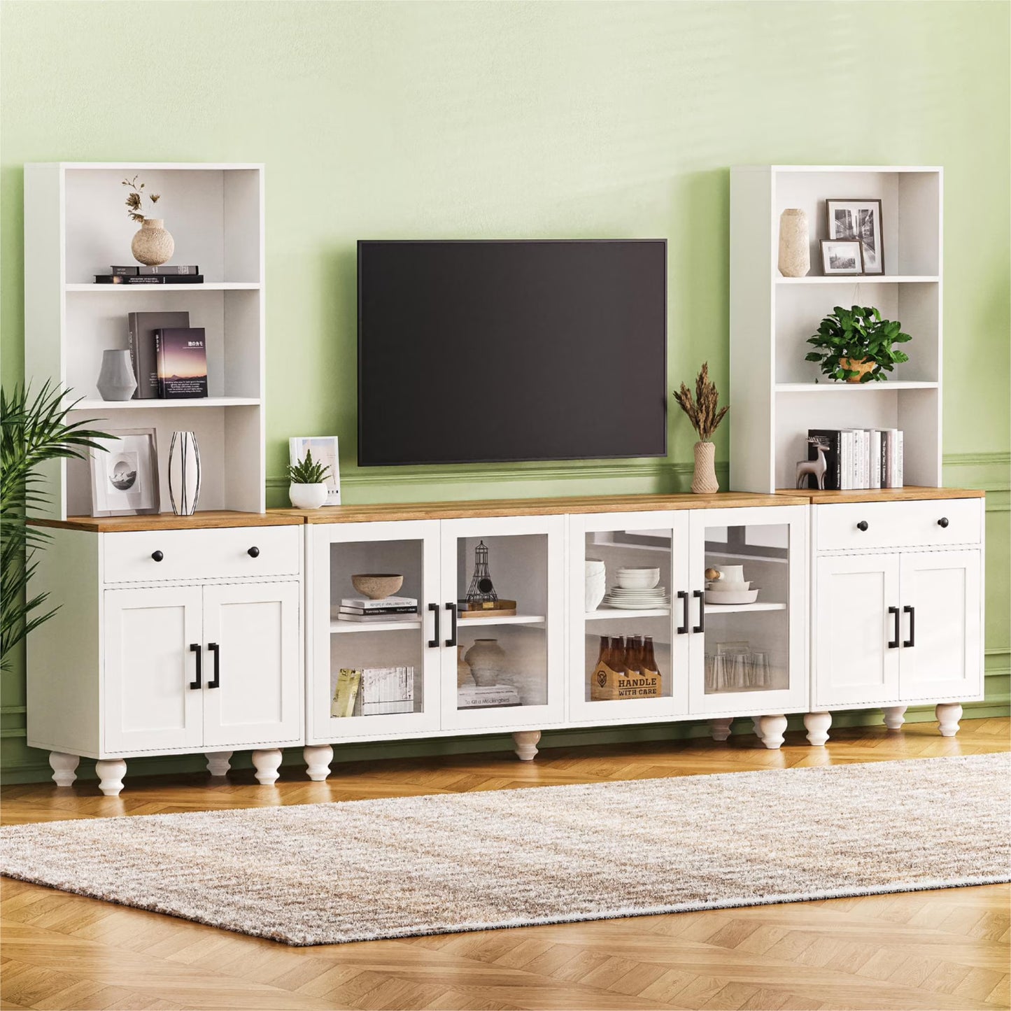 Euroco 110" Entertainment Center Wall Unit Set with Glass Display Cabinets, Adjustable Shelves & Vintage TV Stand for TVs up to 85", Farmhouse Style Media Console with Storage, Gourd Legs