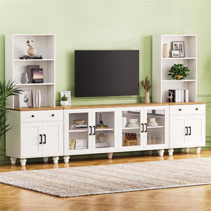 Euroco 110" Entertainment Center Wall Unit Set with Glass Display Cabinets, Adjustable Shelves & Vintage TV Stand for TVs up to 85", Farmhouse Style Media Console with Storage, Gourd Legs