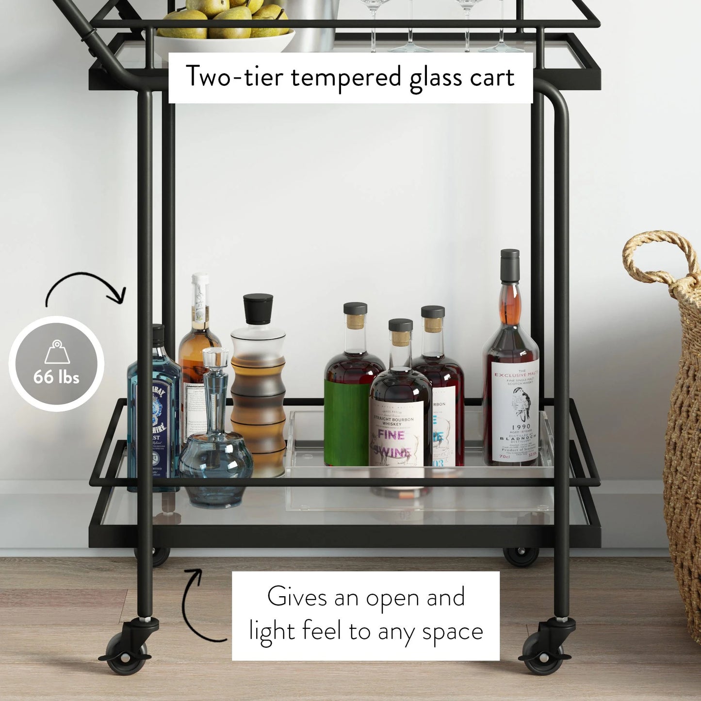 Nathan James Sally 2-Tiered Black Metal Frame Glass Rolling Bar Cart and Tea or Cocktail Cart