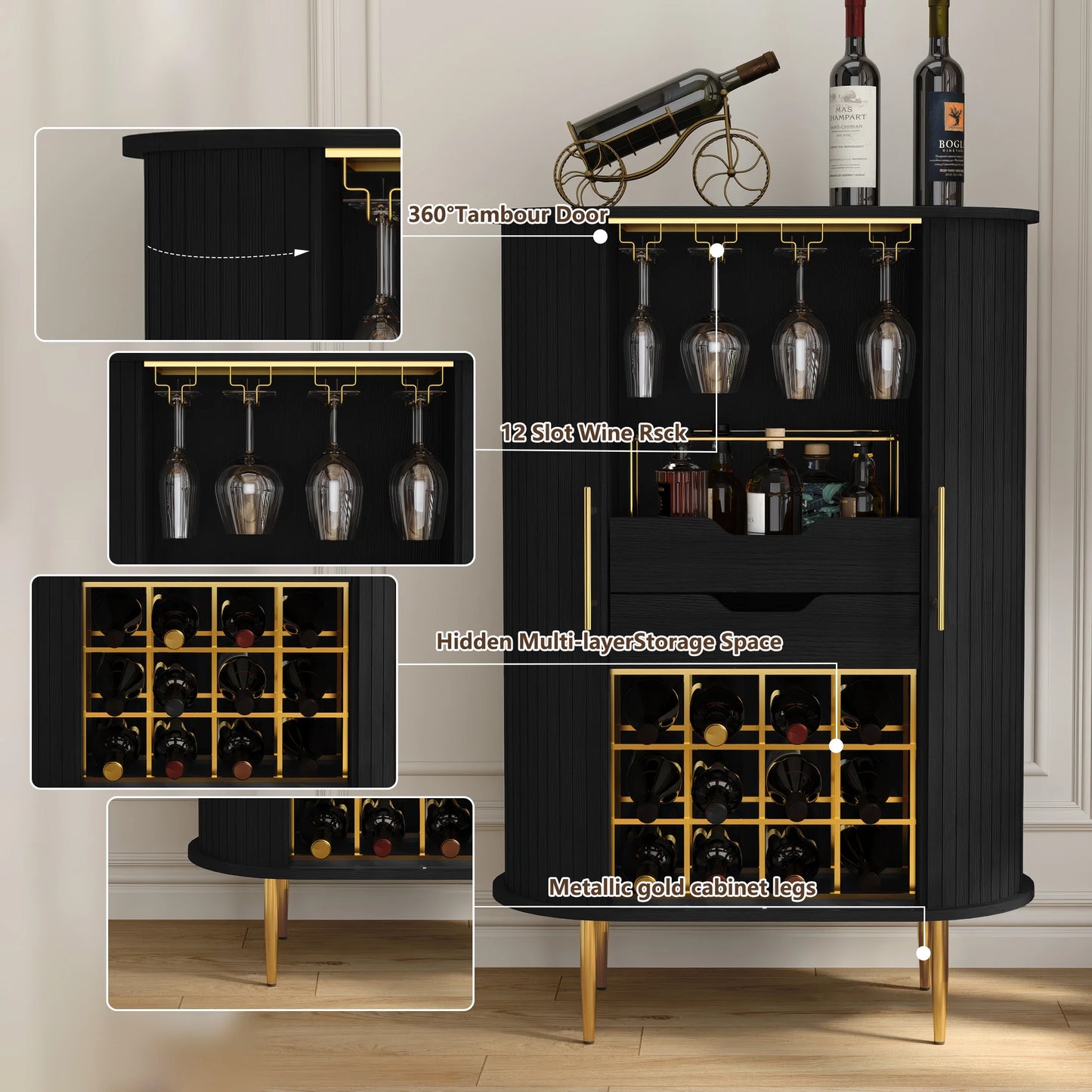 HLR Coffee Bar Cabinet with Tambour Door: Wine Rack, Glass Holder, & Storage Buffet for Home & Living Room Brown