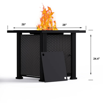 28 Inch Propane Fire Pit Table, Rattan & Wicker-Look 50,000 BTU Gas Firepits with Fire Glass for Outside Patio and Garden