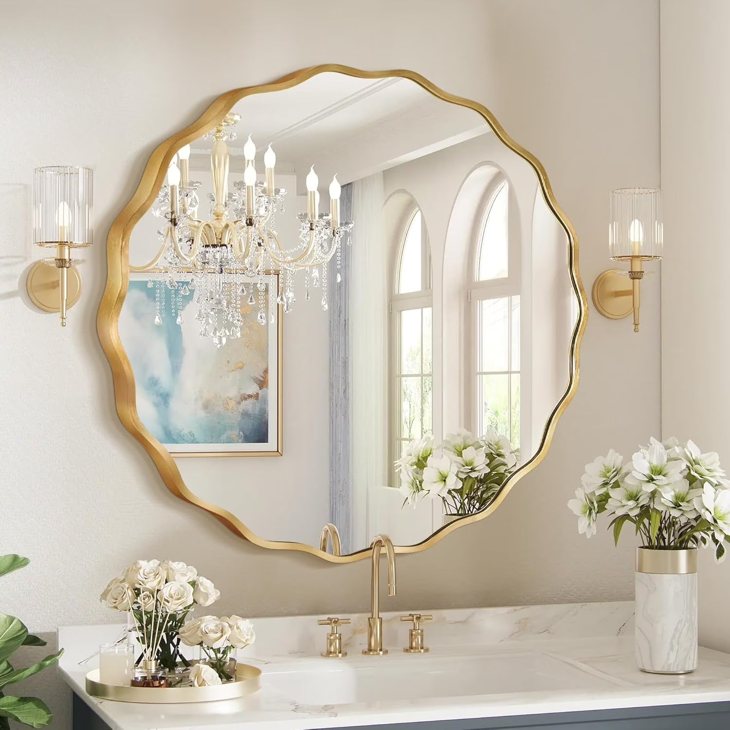octopus Gold Round Wavy Mirror for Wall, 24"x24" Circle Scalloped Wall Mirror with Brushed Alloy Steel Frame& Shatter-Proof Glass, Hanging Decorative Mirror for Bathroom, Bedroom, Entryway