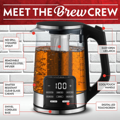 Gourmia 1.7L Programable Glass Kettle with Touch Display, Infuser, Black