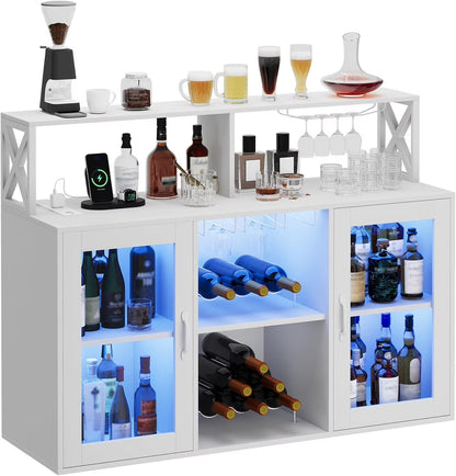 Historyli Wine Cabinet with LED Light,Bar Cabinet with Wine Rack,Glass Holder,and Power Outlets,for Living Room Office,Black