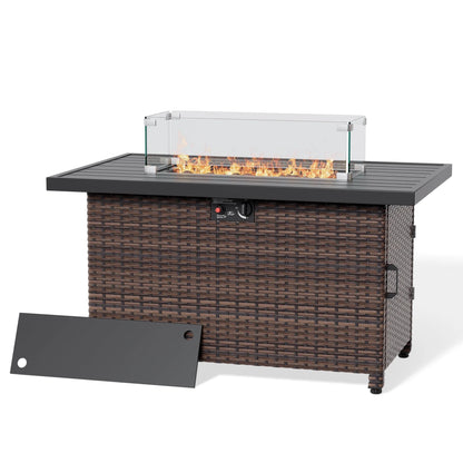 44 Inch Outdoor Wicker Fire Pit Table, 50000 BTU Propane Fire Pits with Glass Wind Guard and Lid, Patio Gas Fire Pit for Outside Patio and Garden(Brown)