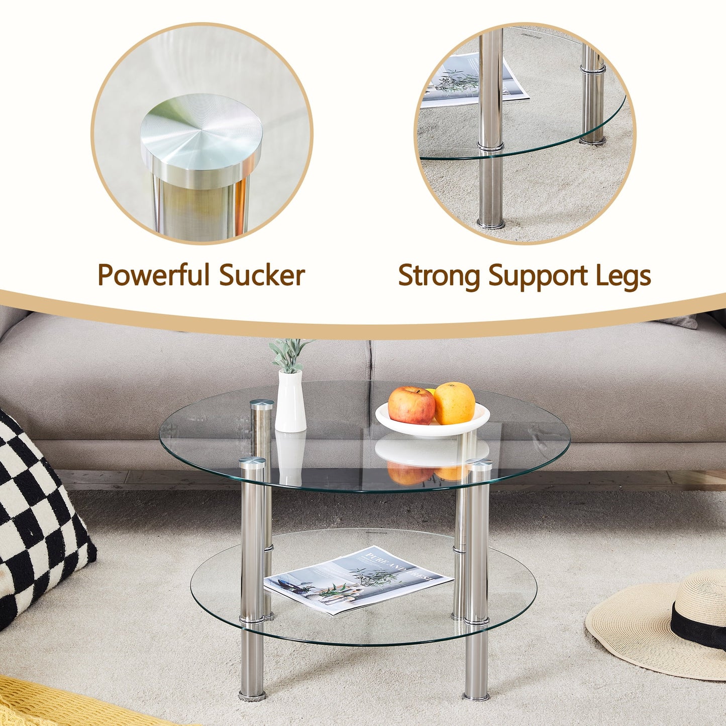 Coffee Tables Contemporary Minimalist Double Layer Tempered Glass Coffee Table - 27.5" Top and 23.6" Bottom.Reinforced Glass Tabletop,Stainless Steel Silver Plated Legs.,End Tables