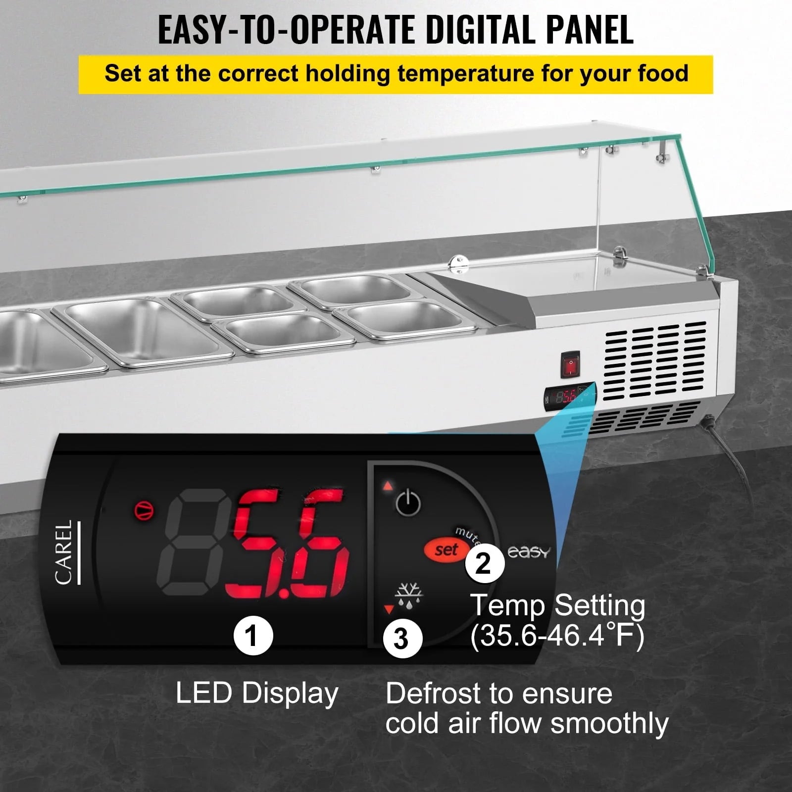 Refrigerated Condiment Prep Station, 48-inch, 10.8Qt Sandwich/Salad Prep Table w/3 1/3 Pans & 4 1/6 Pans, 146W Salad Bar w/304 Stainless Body Tempered Glass Shield Digital Panel Auto Defrost