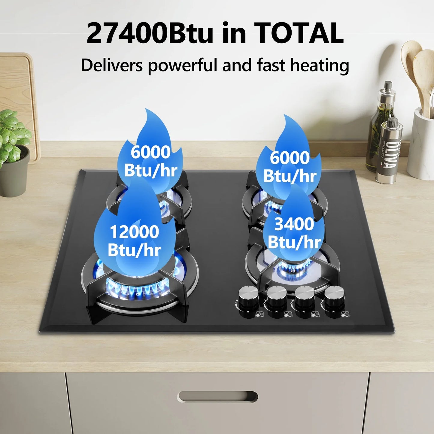 GRACEALL 4 Burner Gas Stove Cooktop 24in, Glass Top Built-in Gas Burner Hob, NG/LPG Compatible or use with Propane or Neutral Gas