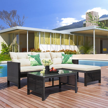 3 Pieces Patio Furniture Set, Outdoor Cushioned Sectional Sofa Set with Two-Seater Sofa, Lounge Sofa, Glass Coffee Table, PE Wicker Conversation Set for Backyard, Balcony, Poolside, Deck, D6027