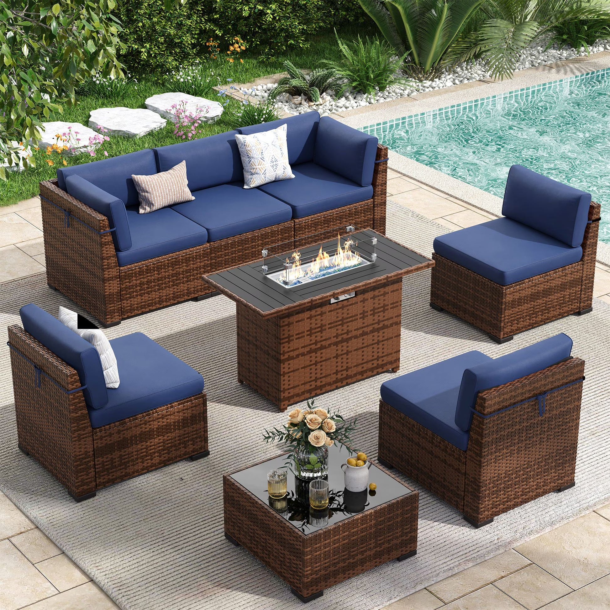 Poteban 7 Pieces Outdoor Sectional Sofa Set , PE Wicker Rattan Slanted Back Outdoor Conversation with Cushions and Glass Coffee Table for Backyard Garden, Dark Gray