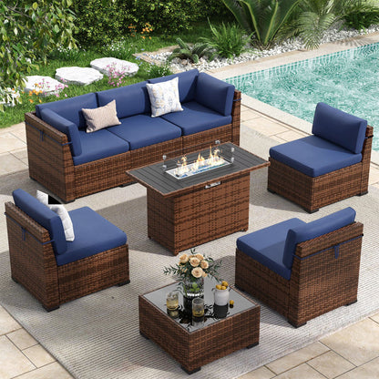 Poteban 7 Pieces Outdoor Sectional Sofa Set , PE Wicker Rattan Slanted Back Outdoor Conversation with Cushions and Glass Coffee Table for Backyard Garden, Dark Gray