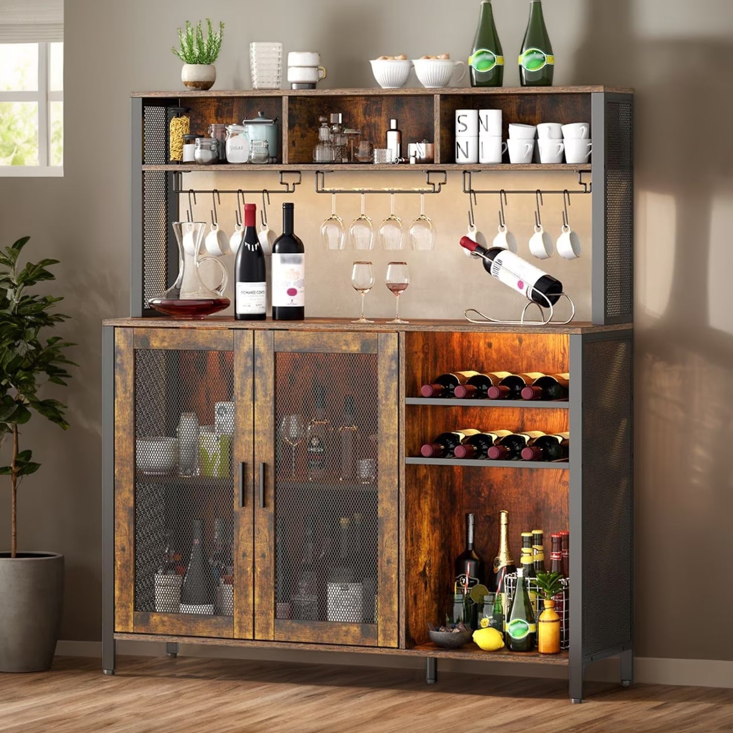Wine Bar Cabinet with LED Lights, Rustic Brown Industrial Coffee Bar Station with Wine Rack, Glass Holder & 3 Storage Compartments, Liquor Buffet Sideboard for Kitchen & Dining Room