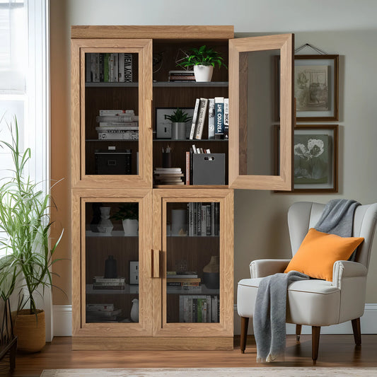 MAYEERTY 31" Wood Display Cabinet Storage Cabinet DIY Combination Cabinets with Glass Door, Natural Wood