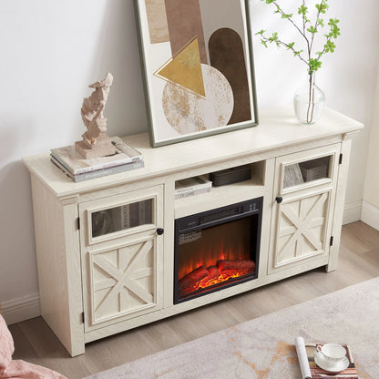 60" Farmhouse Fireplace TV Stand for TVs up to 70 inch, Entertainment Center with 18" Electric Fireplace,Rustic TV with Glass Barn Doors for Living Room, Adjustable Shelf