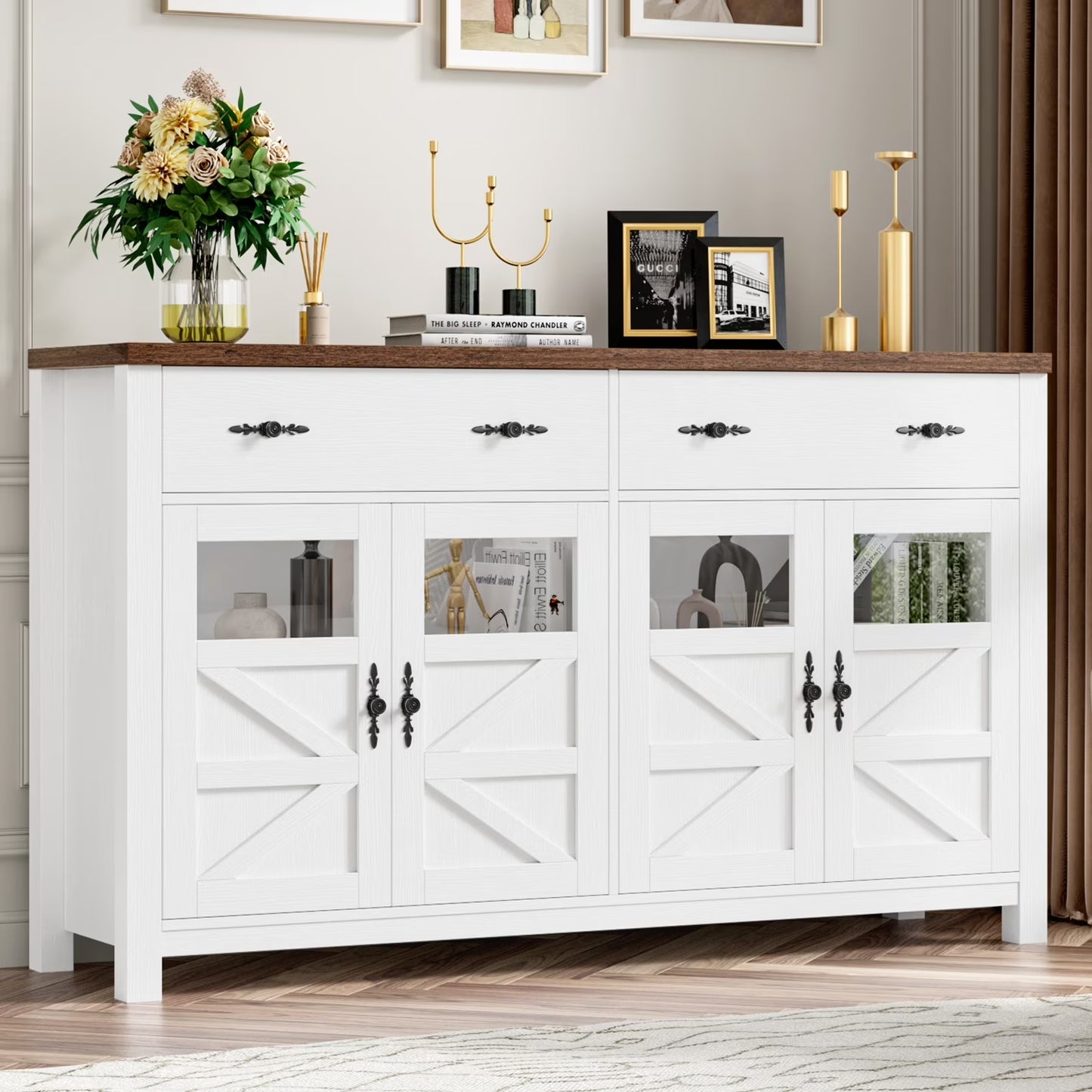 Homfa Farmhouse 55.1"WKitchen Buffet Cabinet with Storage Drawer & Adjustable Shelf, Glass Door Wood Sideboard Credenza Coffee Bar with for Dining Room Living Room, White & Black